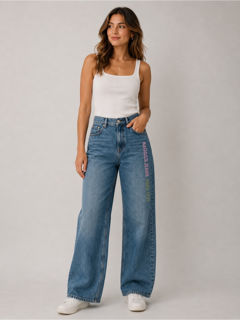 Rare Aquascutum Junior High Waisted Wide Leg Spell Out Jeans Sz 40 US 10